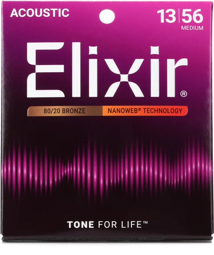 Elixir 80/20 Bronze Nanoweb Coated Acoustic Guitar Strings Medium (13-56) 13/56 11102