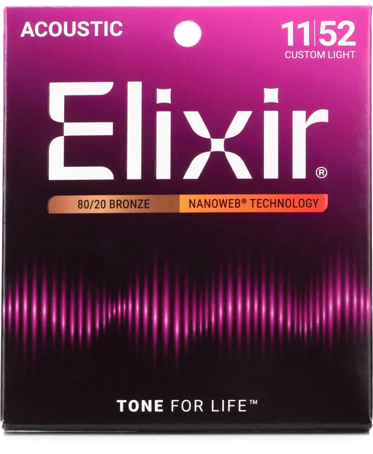 Elixir 80/20 Bronze Nanoweb Coated Acoustic Guitar Strings Custom Light (11 - 52)