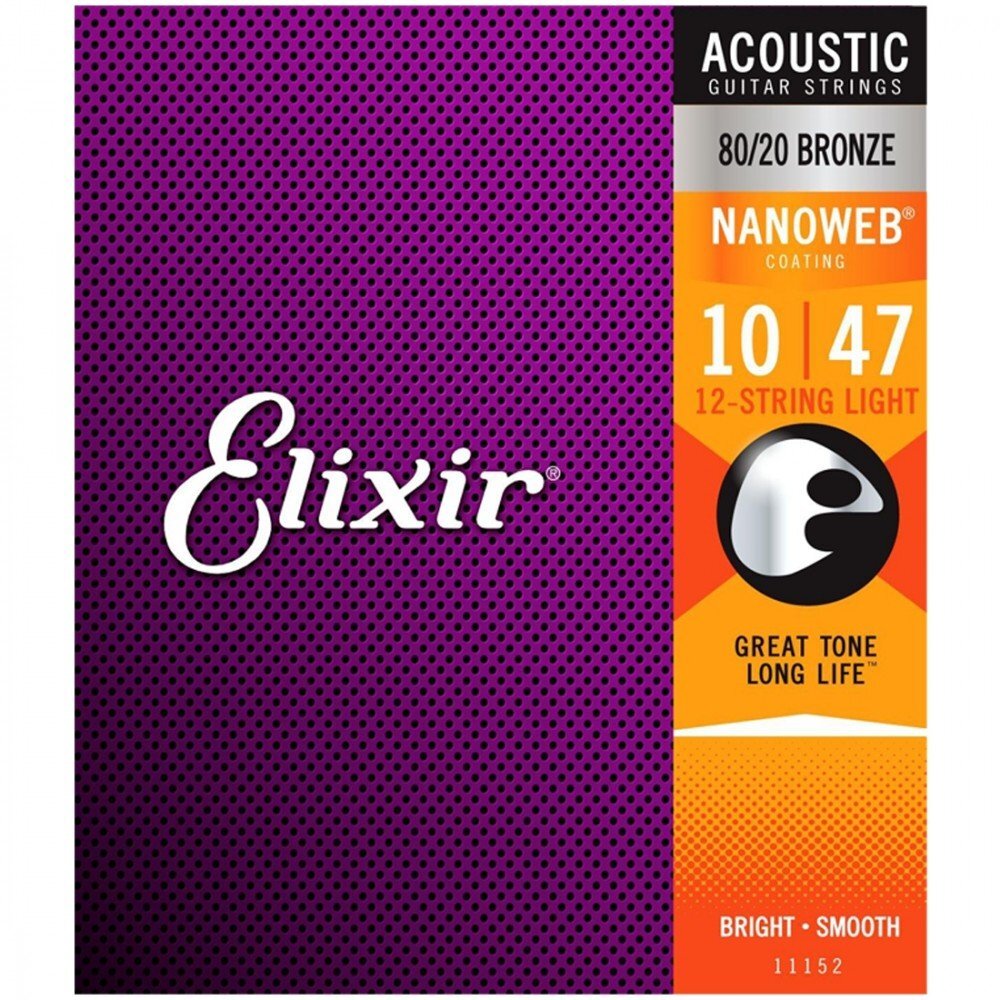 Elixir 80/20 Bronze Nanoweb Coated 12 String Acoustic Guitar Strings Light (10 - 47)