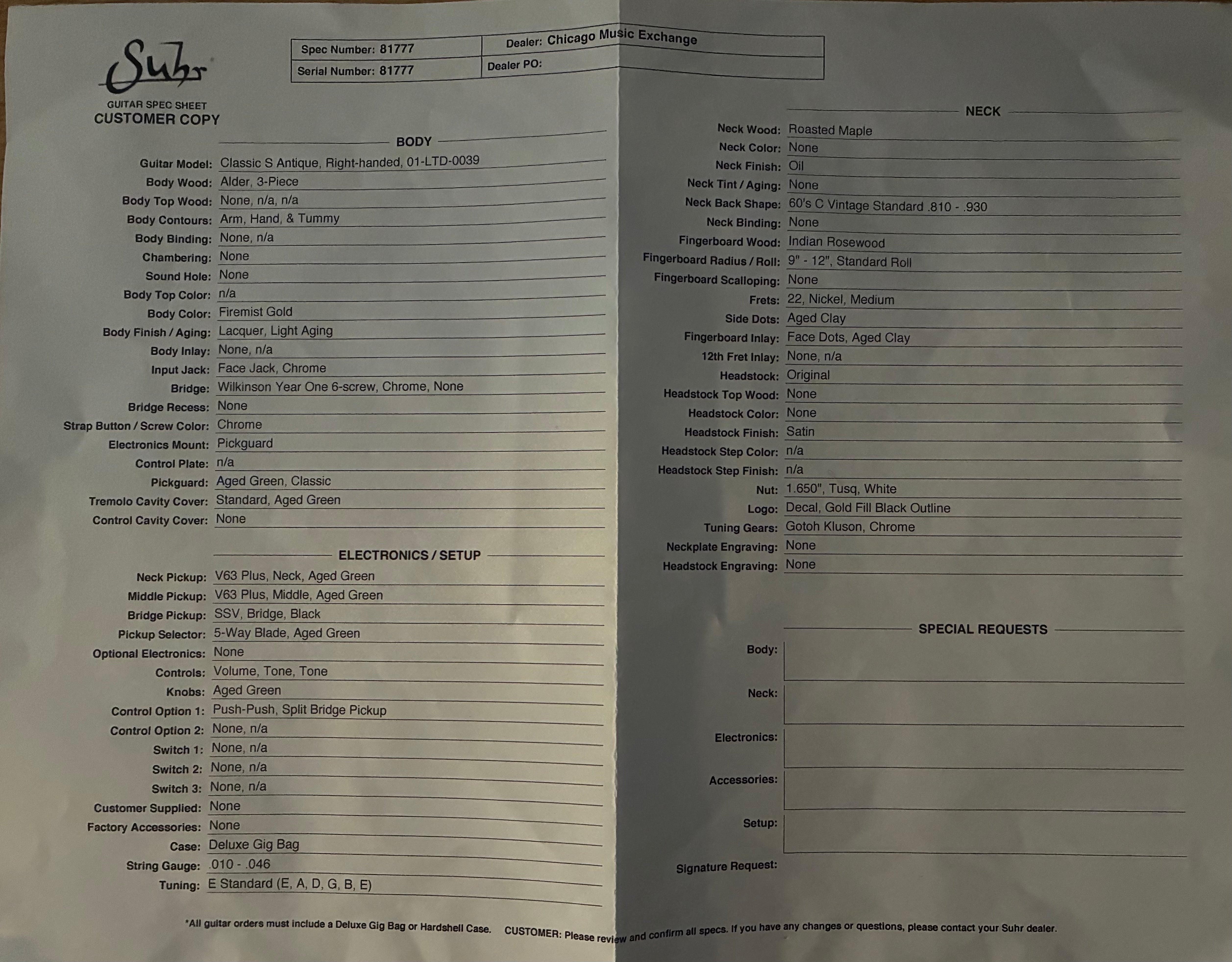 Suhr Classic S Antique in Firemist Gold, Pre-Owned